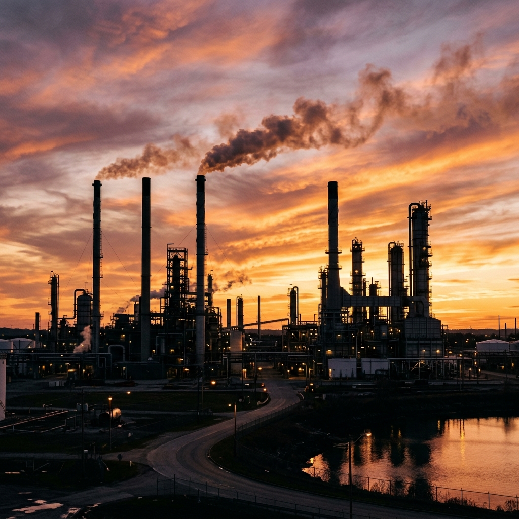 Oil refinery at sunset