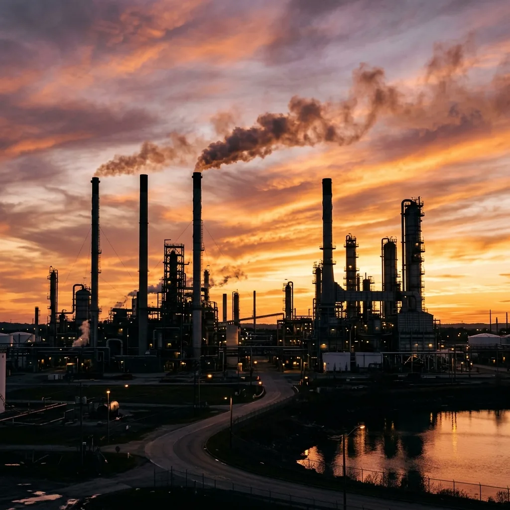 Oil refinery at sunset